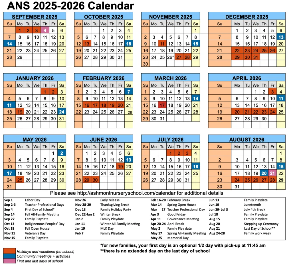 Ashmont Nursery School 2025-2026 Calendar